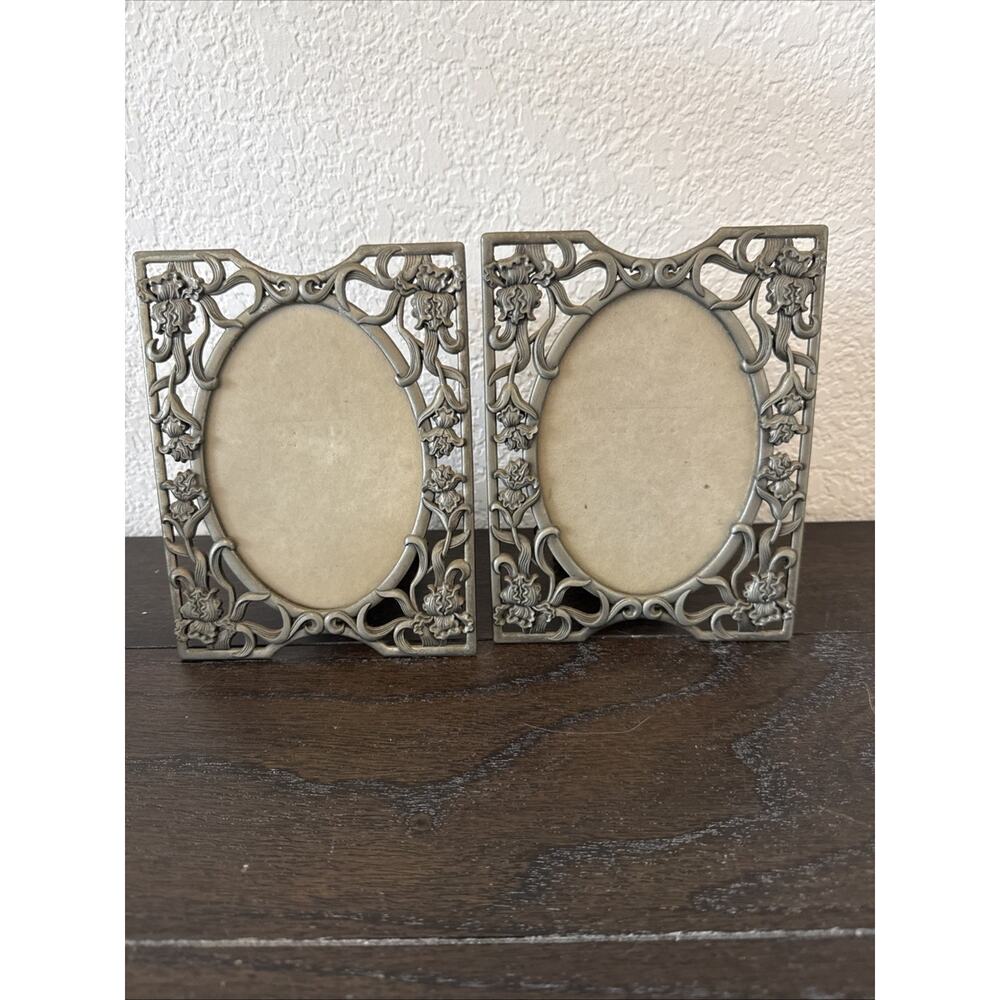 Vintage 2 5x7 Standing Picture Frame Silver Tone Metal Scroll